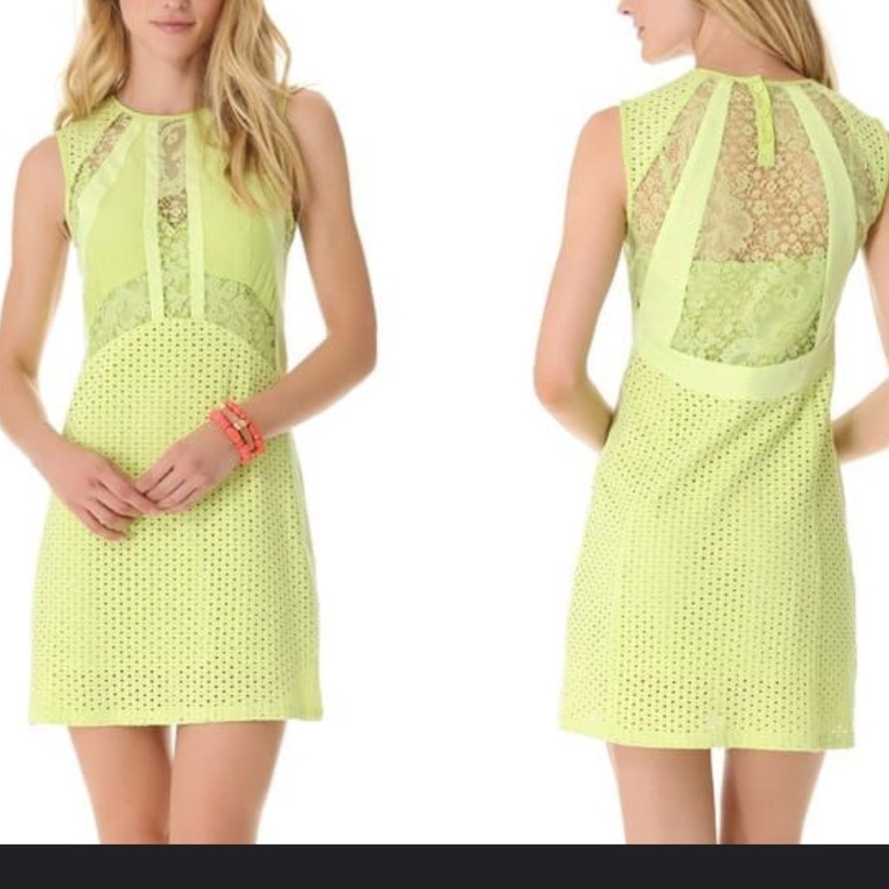 Nanette Lepore All Night Lime Green Pieced Lace Shift Mini Dress S
